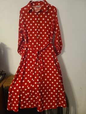 Red Polka Dot Button-Front Shirt Dress with Waist Tie